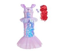 Lito Angels Deguisement Robe Petite Sirene Princesse Ariel Costume avec Perruque pour Enfant Fille Taille 6-7 ans, Violet (étiquette en tissu 130)
