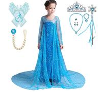 Lito Angels Deguisement Robes à Paillettes Reine des Neiges Costume Princesse Elsa avec Cape de Train et Accessoires Enfant Filles Taille 5-6 ans, Bleu