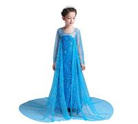 Lito Angels Deguisement Robes à Paillettes Reine des Neiges Princesse Elsa avec Traine Enfant Filles, Anniversaire Fete Carnaval Costume, Taille 7-8 ans, Bleue