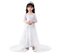 Lito Angels Deguisement Robes à Paillettes Reine des Neiges Princesse Elsa avec Traine Enfant Filles, Anniversaire Fete Carnaval Costume, Taille 5-6 Ans, Blanche