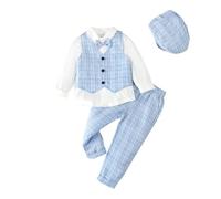 Lito Angels Plaid Gilet Costume Enfant Garcon Vetements de Mariage Ceremonie Gentleman avec Chapeau Taille 4-5 Ans, Bleu