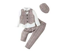 Lito Angels Plaid Gilet Costume Enfant Garcon Vetements de Mariage Ceremonie Gentleman avec Chapeau Taille 5-6 Ans, Marron
