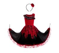 Lito Angels Robe de Danse Flamenco pour Enfant - Style Andalou Rouge et Noir à Volants - Tenue Carnaval Fete des Écoles ou Représentation - Taille 8-9 Ans 134