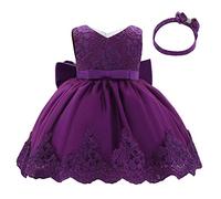 Lito Angels Robe Demoiselle d'honneur avec Bandeau pour Bebe Fille, Robe en Dentelle pour Ceremonie Mariage, Taille 6-12 Mois, Violet Foncé (étiquette en Tissu 70)