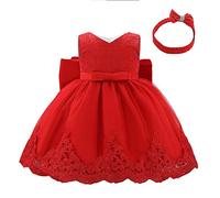 Lito Angels Robe Demoiselle d'honneur avec Bandeau pour Bebe Fille, Robe en Dentelle pour Ceremonie Mariage, Taille 18-24 Mois, Rouge