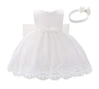 Lito Angels Robe Demoiselle d'honneur avec Bandeau pour Bebe Fille, Robe en Dentelle pour Ceremonie Mariage Bapteme, Taille 3-4 Ans, Blanc