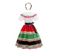 Lito Angels Robe Fille Style Mexicain Deguisement Coloré avec Bandeau pour Carnaval Spectacle Scolaire Semaine Culturelle Anniversaire Livre 7-8 Ans
