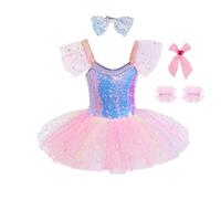 Lito Angels Robe Tutu Brillante Fille, Justaucorps à Sequins Style Ballerine Princesse, Tenue de Danse Classique pour Anniversaire et Pâques, Rose, 9-10 Ans Taille 140