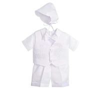 Lito Angels Vetement de Bapteme pour Bebe Garcon, Ensemble Costume Blanc 5 Pieces avec Bonnet, Taille 12-18 mois, Style B - Manches Courtes
