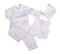 Lito Angels Vetement Tenue de Bapteme en Satin pour Bebe Garcon, Ensemble Costume Blanc 4 Pieces avec Bonnet, Manches Longues, Taille 3-6 Mois