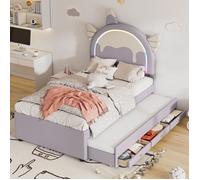 Lits garçons 90x200 avec lit gigogne 90x190,lit simple avec 2 tiroirs, lit enfant avec sommier à lattes et tête de lit , PU, violet