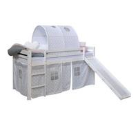 Homestyle4u Lit mezzanine, blanc, 90 x 200 cm, avec toboggan, tunnel et rideau en pin massif, sommier à lattes, matelas pour enfants, protection anti-chute