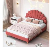 Lits rembourré pour enfant 140x200 cm, lit fille, lits double 140x200 pour fille, cadre de Lit avec tête de lit en forme de fleur et sommier à lattes, lits jeune dossier lit en bois massif et velours