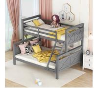 Lits superposés 140x200cm - 90x200cm avec échelle et garde-corps, Bois de pin, Sommier à lattes inclus, pour adulte ou enfant, Gris