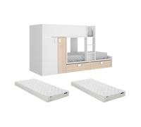 Lits Superposés 2 x 90 x 190 cm - Armoire intégrée - Blanc et naturel + matelas - JUANITO