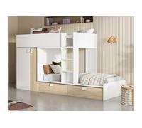 Lits Superposés 2 x 90 x 190 cm - Armoire intégrée - Blanc et naturel + matelas - JUANITO