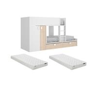 Lits Superposés 2 x 90 x 190 cm - Armoire intégrée - Blanc et naturel + matelas - JUANITO