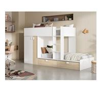 Lits Superposés 2 x 90 x 190 cm - Armoire intégrée - Blanc et naturel + matelas - JUANITO