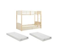 Lits superposés 2 x 90 x 200 cm - 2 tiroirs - Pin et MDF - Beige et naturel + Matelas - LIMODARA