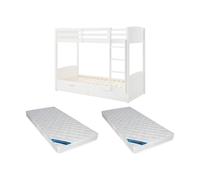 Lits superposés 2 x 90 x 200 cm - 2 tiroirs - Pin et MDF - Blanc + Matelas - LIMODARA