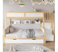 Lits superposés, 90 x 200 cm et 120 x 200 cm, lit gigogne 90 x 190 cm, escalier de rangement, armoire, naturel + blanc