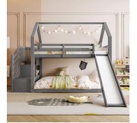 Lits superposés 90x200 cm avec escalier de rangement et toboggan Lit mezzanine,lit cabane enfant avec barrière Cadre de lit,gris