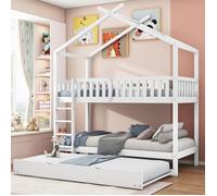 Lits Superposés 90x200 cm - Design Cabane Maison - lit Superposé Enfant - Avec Lit Gigogne 3 Places - Pin Massif - Blanc