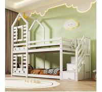 Lits Superposés 90x200 - Design Cabane avec Étoiles et Lune - lit Superposé Enfant - Escalier de Rangement et 2 Tiroirs - Blanc