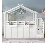 Lits Superposés 90x200 - Design Cabane Maison - lit Superposé Enfant - Escalier de Rangement, Armoire et Placards - Blanc et Vert