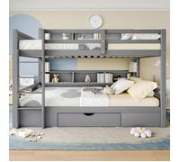 Lits superposés 90x200cm gris avec tiroirs et rangement - 2 lits enfants simples - Pratique et gain de place - sans Matelas