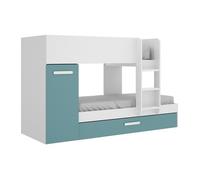 Lits superposés avec tiroir lit gigogne et rangements 3 x 90 x 190 cm - Blanc et bleu - ANTHONY