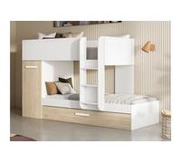 Lits superposés avec tiroir lit gigogne et rangements 3 x 90 x 190 cm - Blanc et Naturel + matelas - ANTHONY