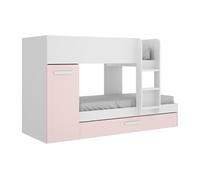 Lits superposés avec tiroir lit gigogne et rangements 3 x 90 x 190 cm - Blanc et rose - ANTHONY