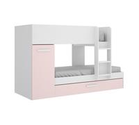 Lits superposés avec tiroir lit gigogne et rangements 3 x 90 x 190 cm - Blanc et rose - ANTHONY