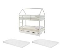 Lits superposés cabane 2 x 90 x 190 cm - 2 tiroirs - Pin - Blanc + Matelas - CHORI