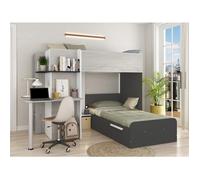 Lits superposés d'angle 2 x 90 x 190 cm - Avec bureau - Gris, blanc et noir + Matelas - SAMUEL