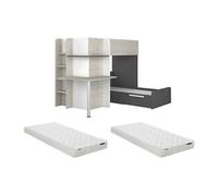 Lits superposés d'angle 2 x 90 x 190 cm - Avec bureau - Gris, blanc et noir + Matelas - SAMUEL