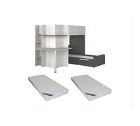Lits superposés d'angle 2 x 90 x 190 cm - Avec bureau - Gris, blanc et noir + Matelas - SAMUEL