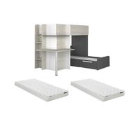 Lits superposés d'angle 2 x 90 x 190 cm - Avec bureau - Gris, blanc et noir + Matelas - SAMUEL