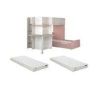 Lits superposés d'angle 2 x 90 x 190 cm - Avec bureau - Gris, blanc et rose + Matelas - SAMUEL