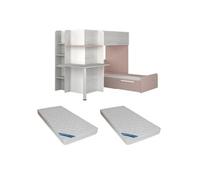 Lits superposés d'angle 2 x 90 x 190 cm - Avec bureau - Gris, blanc et rose + Matelas - SAMUEL