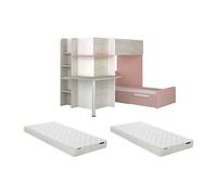 Lits superposés d'angle 2 x 90 x 190 cm - Avec bureau - Gris, blanc et rose + Matelas - SAMUEL