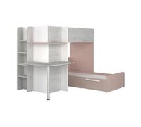 Lits superposés d'angle 2 x 90 x 190 cm - Avec bureau - Gris, blanc et rose - SAMUEL