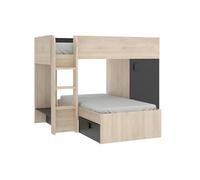 Lits superposés d'angle réversibles RICARDO - 2 x 90 x 190 cm - Rangements intégrés - Chêne et anthracite