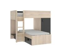 Lits superposés d'angle réversibles RICARDO - 2 x 90 x 190 cm - Rangements intégrés - Chêne et anthracite