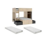 Lits superposés d'angle réversibles RICARDO - 2 x 90 x 190 cm - Rangements intégrés - Chêne et anthracite + matelas