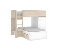 Lits superposés d'angle réversibles RICARDO - 2 x 90 x 190 cm - Rangements intégrés - Chêne et blanc