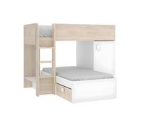 Lits superposés d'angle réversibles RICARDO - 2 x 90 x 190 cm - Rangements intégrés - Chêne et blanc