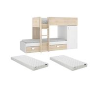 Lits superposés d'angle réversibles RICARDO - 2 x 90 x 190 cm - Rangements intégrés - Chêne et blanc + matelas