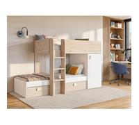 Lits superposés d'angle réversibles RICARDO - 2 x 90 x 190 cm - Rangements intégrés - Chêne et blanc + matelas